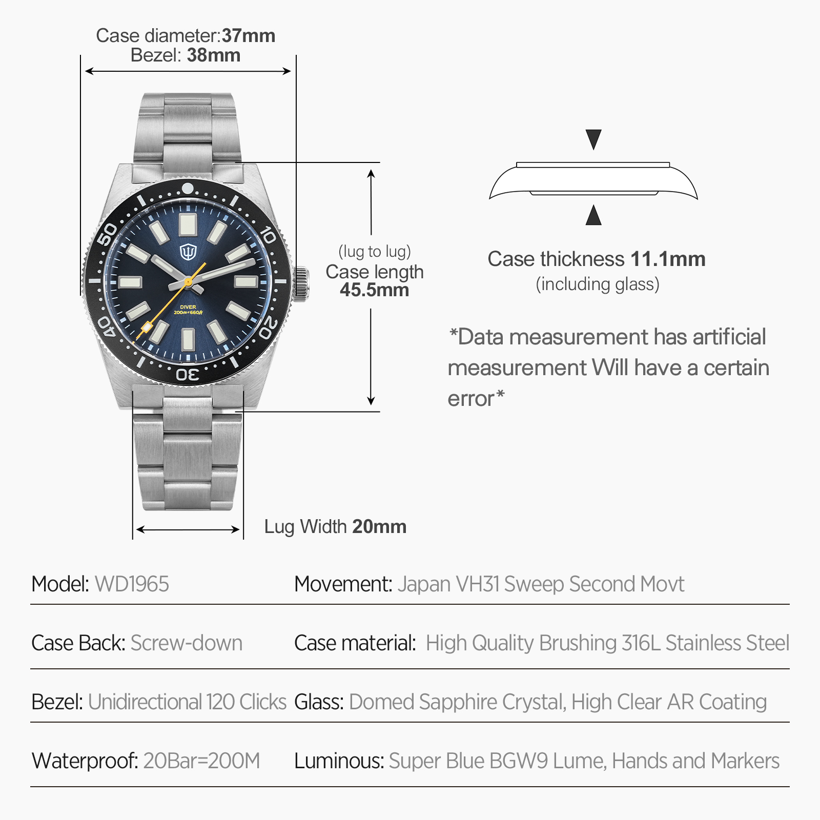 Watchdives 37Mm WD1965 V2 Man  - Luxury Watch Men recension och pris